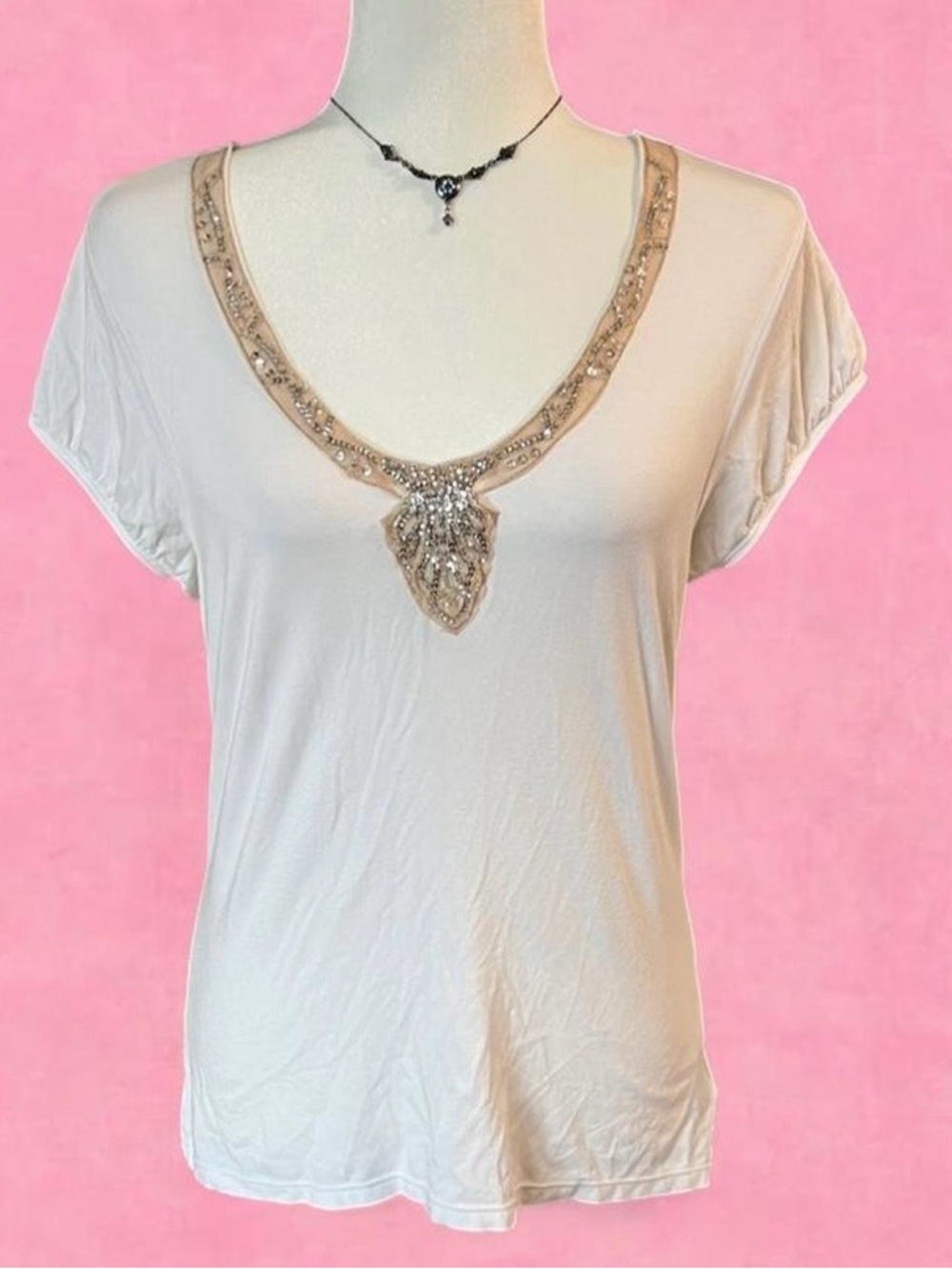 INC International Concepts vintage Cream Short-Sleeve Embellished V-Neck Top